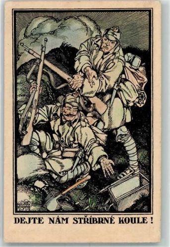 1918 sign. Divery Zwei Landser verlangen im Geschützdonner nach silbernen Kugeln Künstlerkarte Feldpost