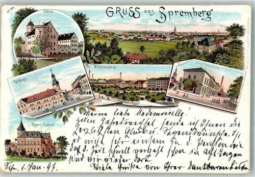 Spremberg 1896 Rathaus Kais. Postamt Wilhelmsplatz Kgl. Webschule Schloß