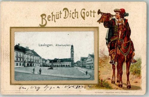 Lauingen 1905 Prägedruck Albertusplatz Trompeter Pferd Erh. II Reißnagell. u. Stauchung