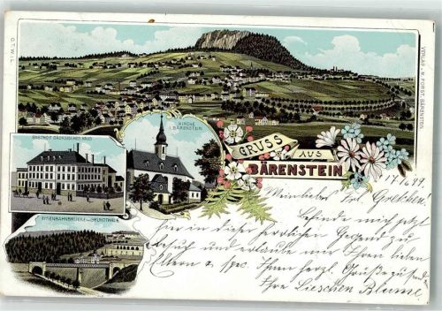 Bärenstein 1899 Lithographie Gasthaus Sächs. Haus Eisenbahnbrücke Grundtal