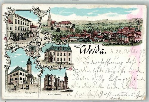 Weida 1897 Wappen Gasthaus Ratskeller Kais. Postamt Wiedenkirche