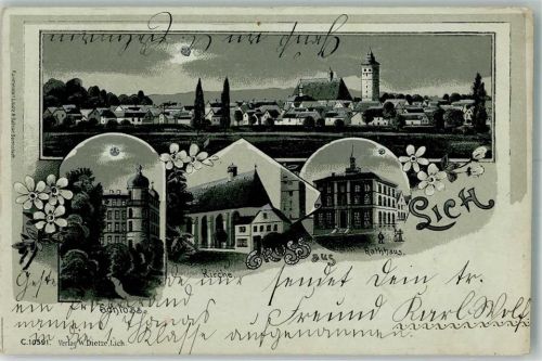 Lich 1904 Lithographie Schloss Rathaus bei Nacht Reißnagelloch