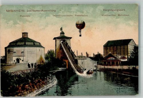 Mannheim 1907 Jubiläums-Ausstellung 1907 Vergnügungspark Wasserrutschbahn Fesselballon Musikpavillon