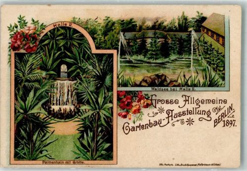 Treptow 1897 Große Gartenbau-Ausstellung 1897 Palmenhain mit Grotte Waldsee Halle II