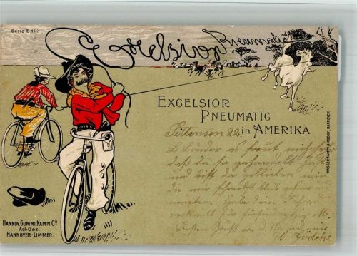 Hannover 1903 Werbung Excelsior Pneumatic in Amerika Cowboys auf einem Fahrrad Lithographie