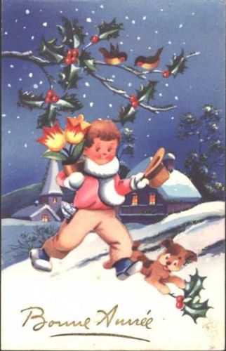 Neujahrs-AK mit montiertem Jungen mit Hund, Glimmer