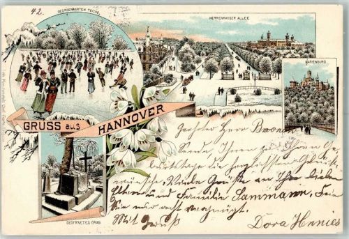 W3000 Hannover Georgengarten Teiche mit Schlittschuhläufern Herrenhauser Allee Marienburg Geöffnetes Grab Friedhof Verlag Carl Garte Winterlitho 1898 Winterlithographie