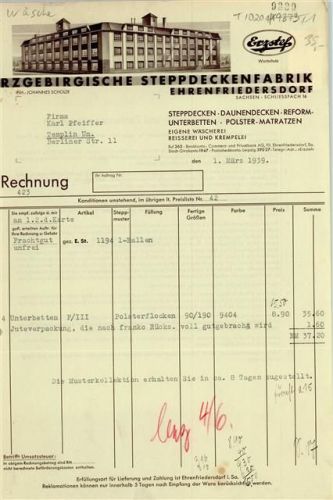 Ehrenfriedersdorf Rechnung von 1939 Erzgebirgische Steppdeckenfabrik