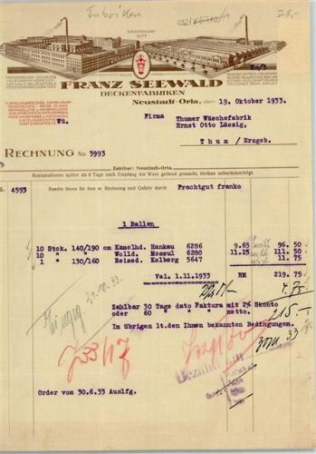 Neustadt Rechnung von 1933 Franz Seewald Deckenfabriken