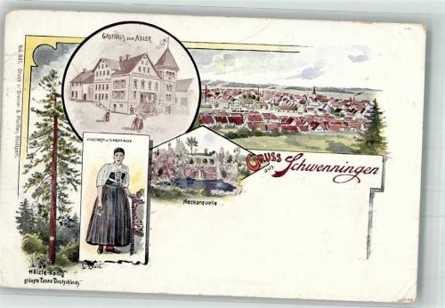 Schwenningen 1900 Lithographie Volkstracht Gasthaus zum Adler Hölzle-König Neckarquelle
