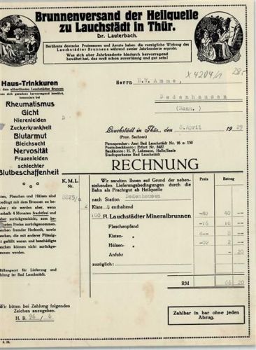 Bad Lauchstädt Rechnung von 1929 Brunnenversand der Heilquelle Dr. Lauterbach