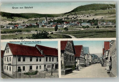 Sülzfeld 1913 Gasthaus-Kolonialwaren-Drogerie Breitung II Dorfstrasse Tiertränke