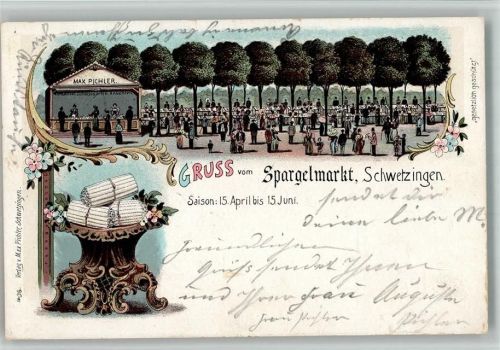 Schwetzingen 1902 Spargelmarkt Verkauf Max Pichler Lithographie