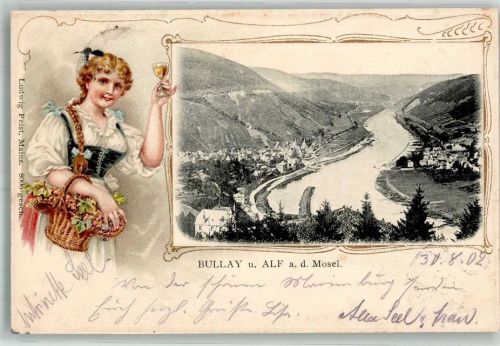 Alf 1902 Moselverlauf Bullay Volkstracht Junge Frau Weinrebenkorb Passepartout
