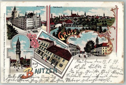 Bautzen 1899 Lithographie Reichenturm Alte Kaserne Wendischer Graben Realschule Gasthaus Spenke