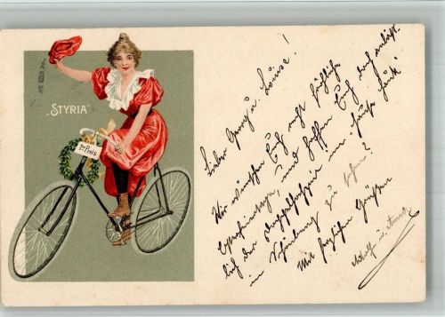 1900 Styria Frau auf dem Fahrrad Lithographie Jugendstil