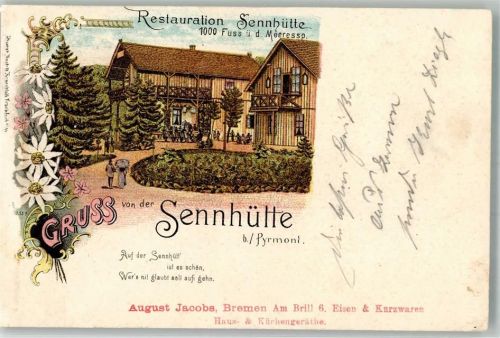 Bad Pyrmont 1914 Lithographie Gasthaus Sennhütte Reim Werbestempel August Jacobs Eisen & Kurzwaren Bremen