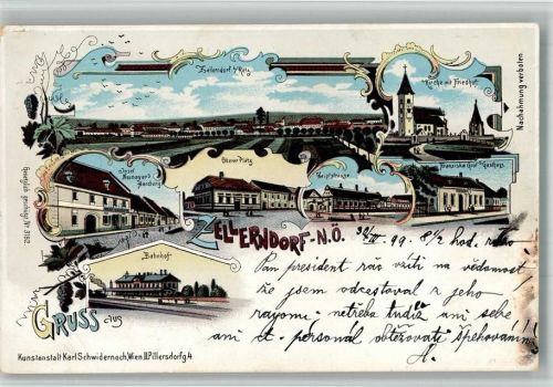 Zellerndorf 1899 Lithographie Bahnhof Kirche Friedhof