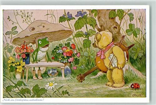 Teddybär Frosch Pilz Marienkäfer vermenschlicht AK