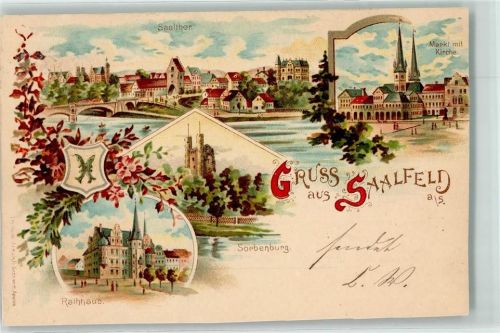 Saalfeld 1899 Lithographie Saaltor Sorbenburg Rathaus Marktplatz Kirche