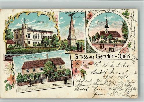 Gersdorf am Queis 1904 Kriegerdenkmal Schloss Handlung Bäckerei Kirche Lithographie