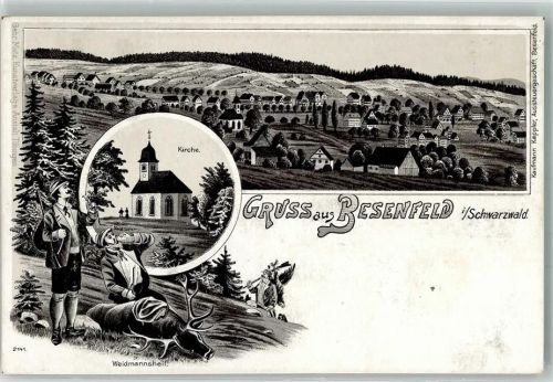 72297 W7291 Besenfeld Gebrauchsspuren Lithographie Jagdgesellschaft Hirsch Kapelle