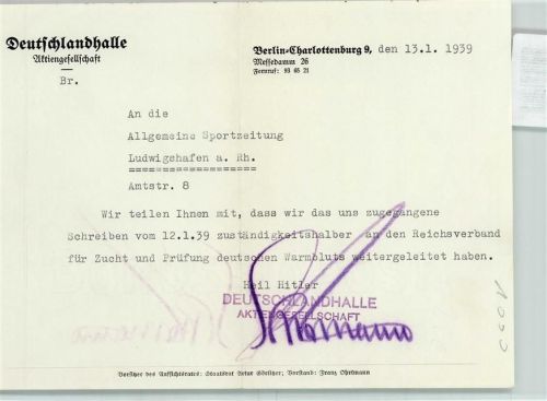 Berlin, unsortiert Schreiben der Deutschlandhalle AG Reichsverband für Zucht und Prüfung deutschen Warmbluts 1939