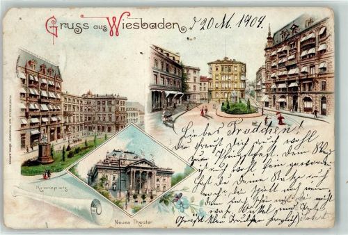 Wiesbaden 1904 Lithographie Kranzplatz Neues Theater