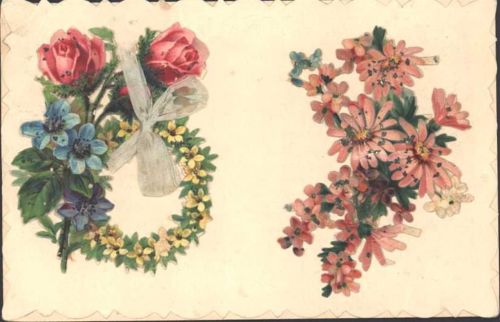 AK mit zwei aufgeklebten Oblaten Rosen Blumen, Applikation Schleife aus echtem Stoff, Prägedruck