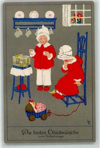 Puppen Vogelkäfig Meissner u. Buch Serie 2300 Geburtstag AK