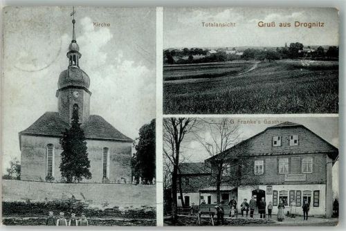 Drognitz 1913 Dorfkirche Gasthaus Franke Emailleschild