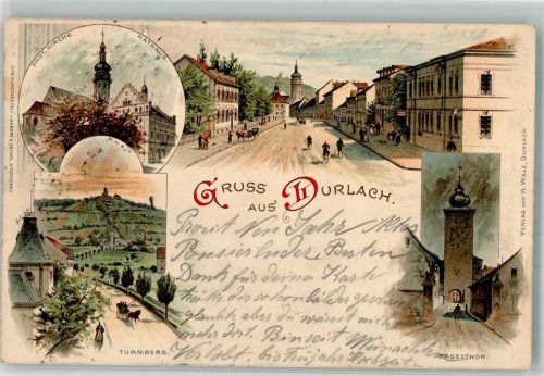 Durlach 1899 Lithographie Rathaus Turmberg Baseltor Reißnagelloch