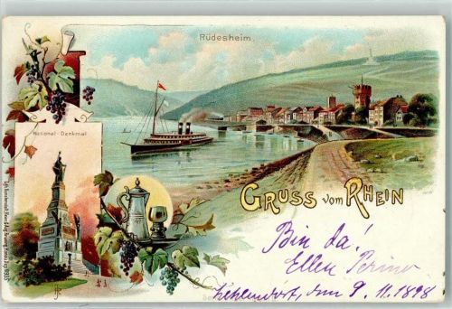 Rüdesheim 1898 National-Denkmal Rhein Rheindampfer Zinnkrug Trauben Weinrömer