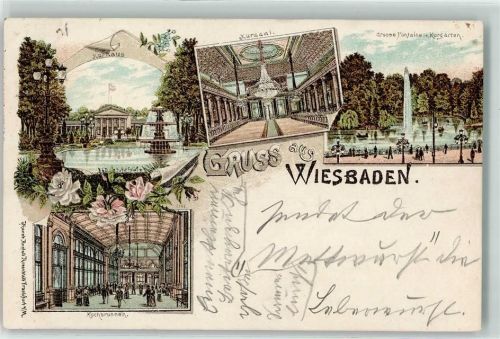 Wiesbaden 1898 Kurhaus Kursaal Große Fontaine Kurgarten Kochbrunnen Blumen Kronleuchter Gruss