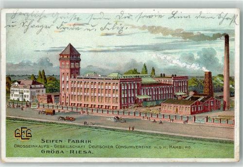 Riesa 1911 Seifen Fabrik Grosseinkaufs Gesellschaft Deutscher Consumvereine m.b.H. Hamburg Schornstein Rauch Auto Fahrrad Pferdewagen