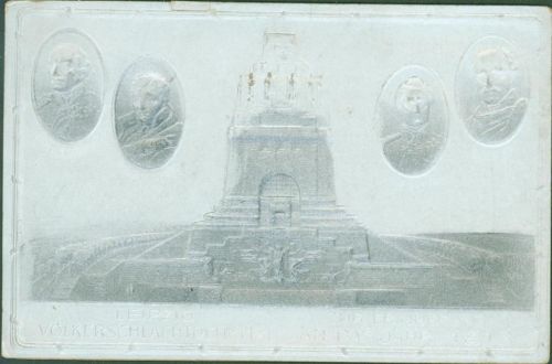 Völkerschlachtsdenkmal Papp AK Rückseite mit integriertem Aufsteller Silberfarbene Auflage