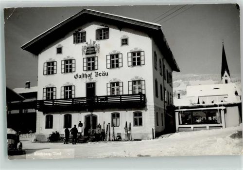 Kirchberg Gasthaus Bräu Kirche Ski Sport Winter Schnee Foto AK