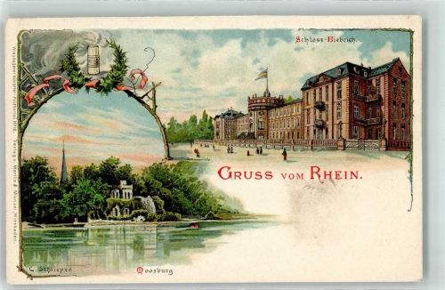 Biebrich Moosburg Schloss Gruss Rhein Kirche Kranz Fahne sign. Schlieper