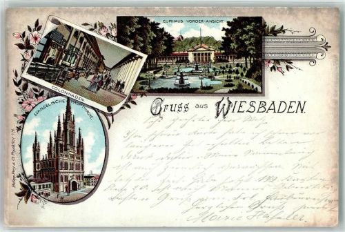 Wiesbaden 1897 Colonnaden Kurhaus Evangelische Hauptkirche Brunnen Blumen Gruss