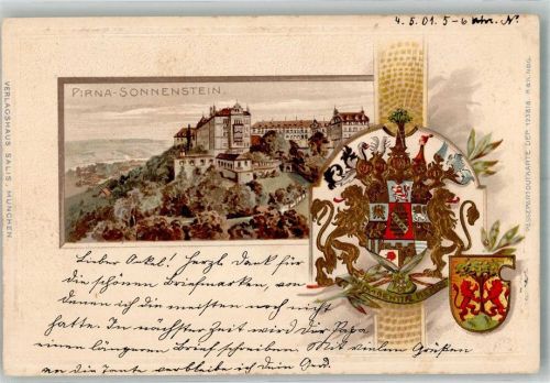 Pirna 1901 Passepartoutkarte Schloss Sonnenstein Wappen Stadtwappen