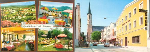 94078 W8393 Freyung , Niederbay KEINE AK Gasthaus zur Post Innen- und Aussenansicht Klappkarte