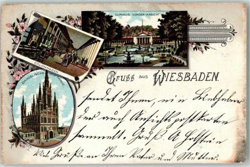 Wiesbaden 1899 Kurhaus Vorderansicht Kolonnaden Ev. Kirche