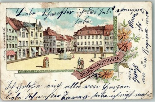 Göttingen Kornmarkt Kornmart Brunnen Kutsche Geschäfte Gruss Lithographie
