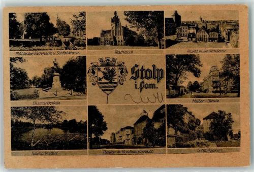 Stolp Mühlentor Fischmarkt u. Schlosskirche Rathaus Markt u. Marienkirche Bismarckpatz Neumannsaue Neutor m. Kaufmannswall Wappen Hitler Straße WK II