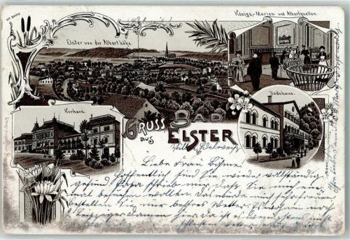 Bad Elster 1898 Lithographie Elster von der Alberthöhe Königs- Marien- und Albertquelle Badehaus Kurhaus