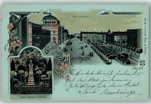Mannheim 1900 Bahnhofsplatz Jean Becker Denkmal Mond Park Blumen Gruss