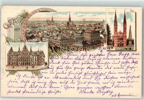 Wiesbaden 1895 Rathaus Kath. Kirche Waterloo-Säule Vorläufer