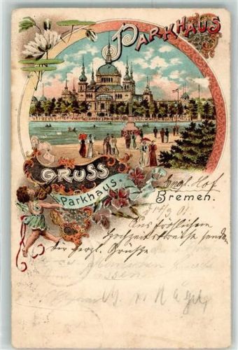 Bremen 1901 Gruss Parkhaus Blumen Engel Geige Fahne Schwarz-Weiß-Rot