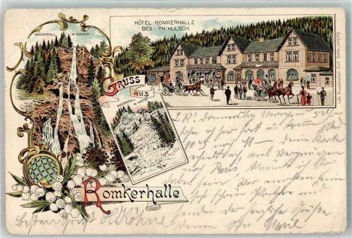 Gem Bad Harzburg 1897 Wasserfall im Sommer u. Winter Hotel Romkerhalle