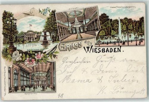 Wiesbaden 1898 Kurhaus Kurgarten Große Fontaine Kochbrunnen Kursaal